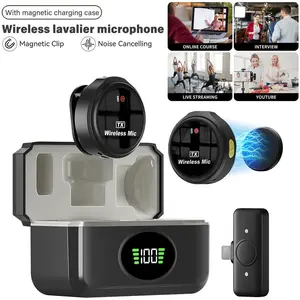 Wireless lavalier microphone for iPhone and Android, mini Compact clip on laptop microphone with charging case, Rechargeable Mic, 3-level noise cancellation, 48H long battery, used for Vlog podcast live streaming, YouTube video recording