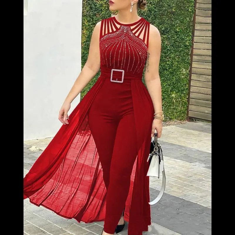 Black sleeveless tie-strap rhinestone design waist-hugging mesh mop jumpsuit