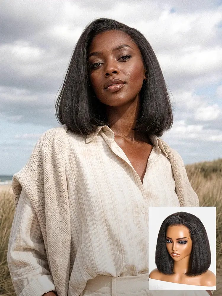 LUVME Half Wig Kinky Straight Bob 3-In-1 180% Density  Glueless Flexi-Fit Drawstring Wig