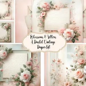 Blossoms & Letters – A Pastel Vintage Paper Kit (20 Backgrounds, 10 Journaling Pages, 10 Ephemera)