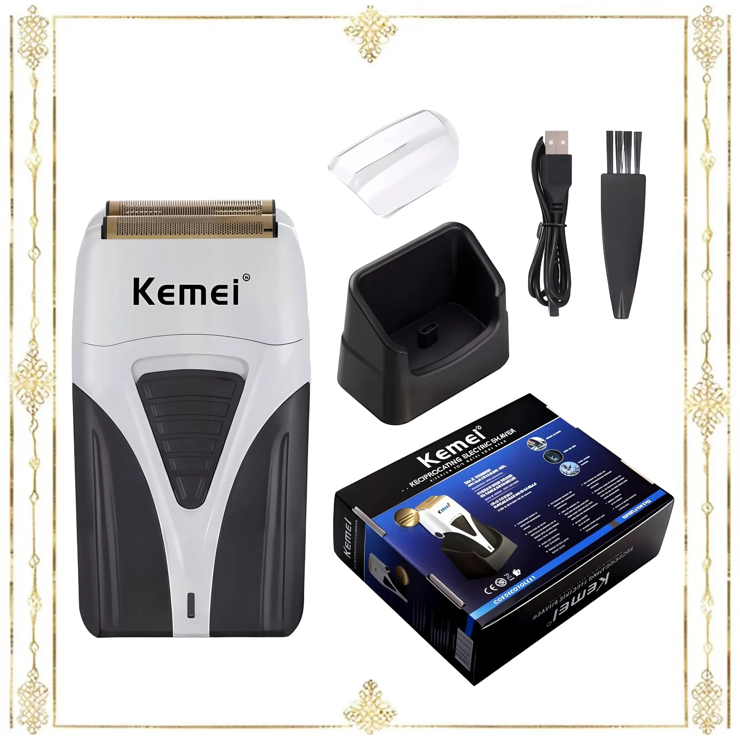 Kemei USB Rechargeable Shaver Km-3383, Cordless Portable Shaver, Rechargeable Shaver Machine, Professional Barber Use, Facial Hair Trimmer, Effective Grooming Tool, Ideal Christmas Gift for Men