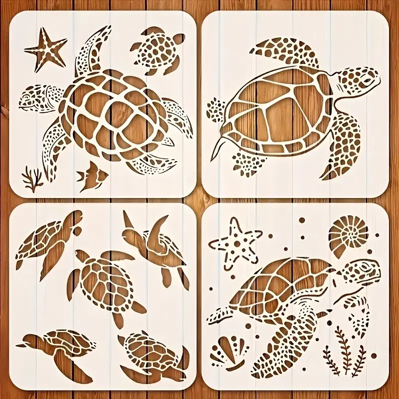 Turtle Template Set, 4-Piece Reusable Painting Templates, DIY Painting Supplies, Includes Starfish, Coral, Shell, Turtle Designs, Art Projects, Fabric, Canvas, Wood Wall Decor, Art Painting Supplies