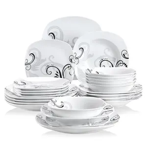 VEWEET Zoey 18/24-Piece Dinner Set Ivory White Black Decals Porcelain Combination Sets, Stackable Porcelain Plate Sets Service for 6 Winter Holiday