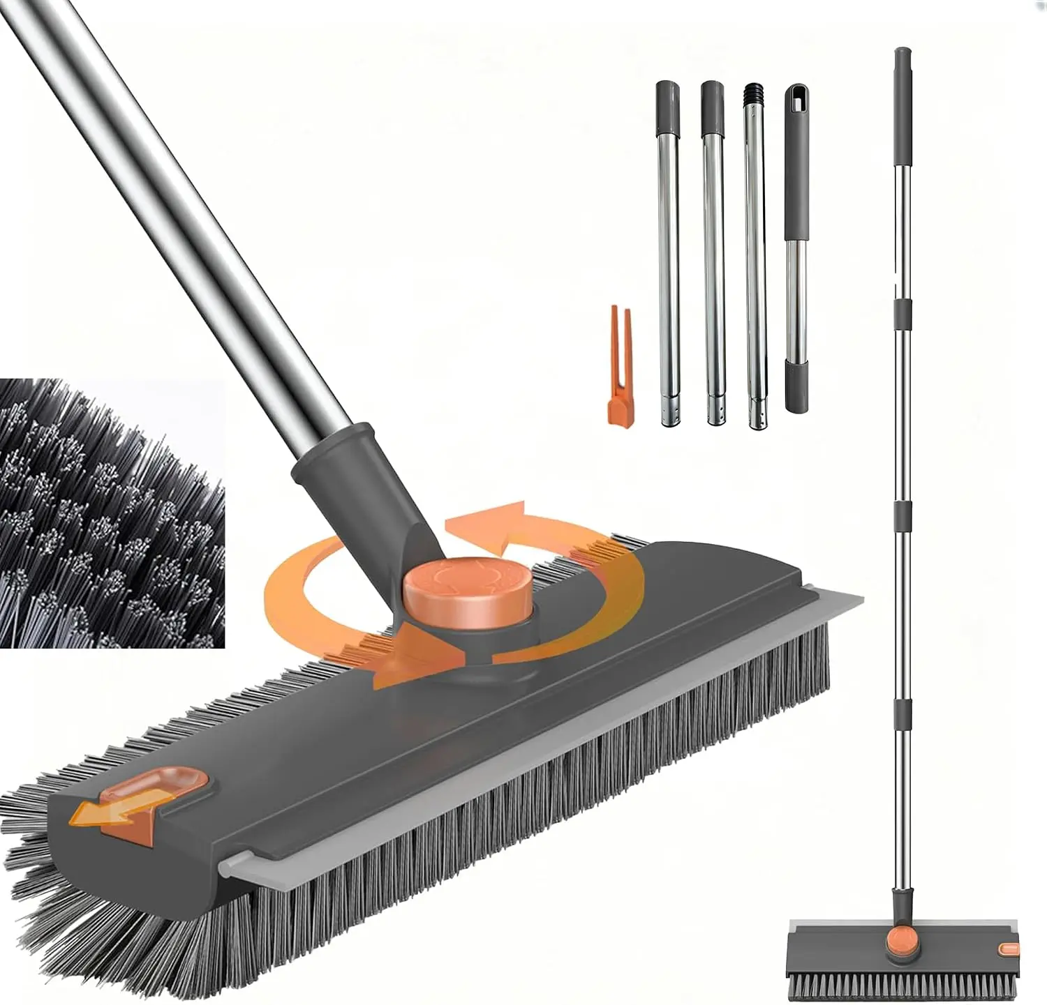 Segment Extendable Long Handle Floor Scrub Brush 360 Degree Rotatable Head Stiff Bristle Integrated Squeegee Multi Section Adjustable Pole Bathroom Pool Patio Multi Scene Floor Cleaning Tool