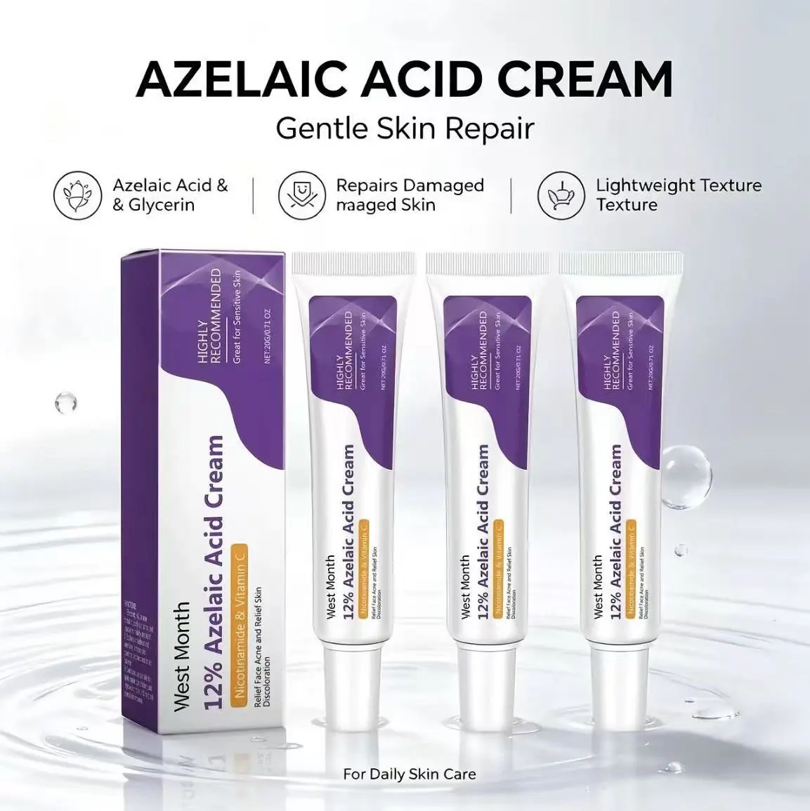 【3-Pack】12% Azelaic Acid Gel-Cream with Niacinamide - Brightening Facial Moisturizer for Redness-Prone Skin, Skin Barrier Support Daily Skincare