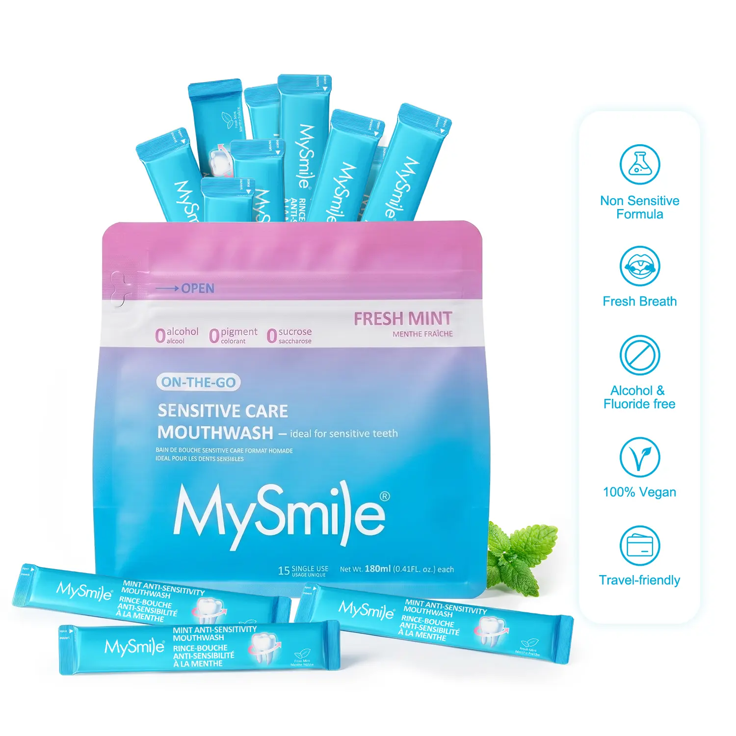 MySmile Oral Soothing On-the-Go Sensitive Care Mouthwash Packets (15pk) - Fresh Mint, Alcohol-Free, Spill-Proof Travel Pouches, 15Pcs, Single Use, Vegan Safe, Bad Breath Mouthwash, Aqua, Mint Oral Rinse, Hydroxyapatite, Menthol, Unisex