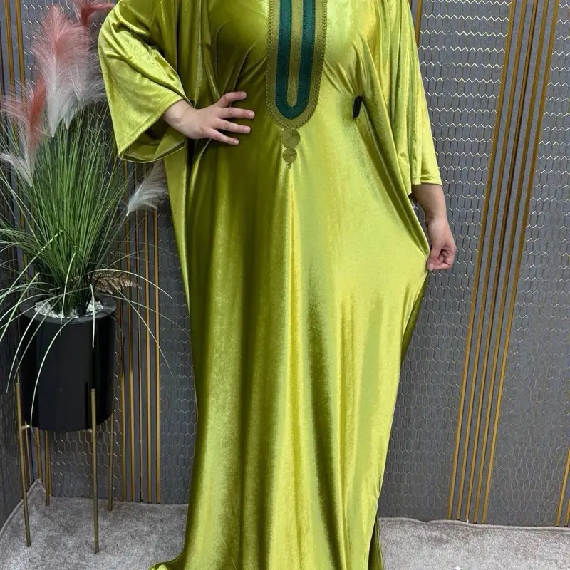 Moroccan Velvet Kaftan Jalabia Dress with Colorful Embellishments & Gold Trim Details One Size Maxi Boho Caftan for Modesty
