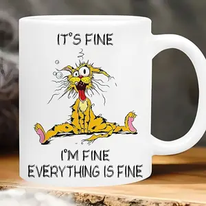 11oz Funny Cat Ceramic Coffee Mug with "Everything is Fine" Quote – Insulated, Reusable, Machine Washable – Humorous Gift for All Ages, Coffee Bar Accessories C