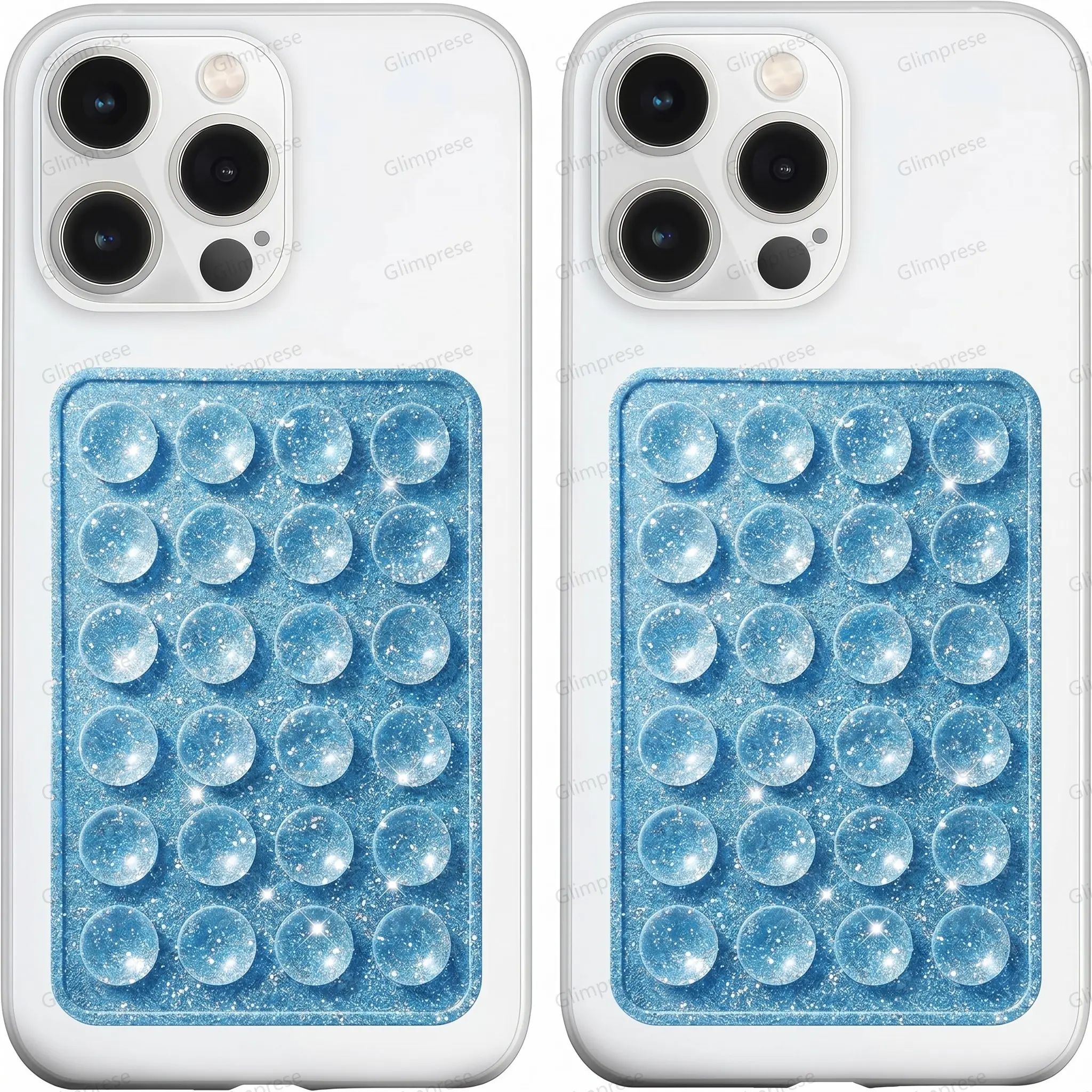 【Glitter Light Blue】Silicone Suction Phone Case Mount, 2PCS Non Slip Suction Cup, Silicon Adhesive Suction Cup Mount, Strong Grip Holder for Selfies and Videos Hands-Free Phone Accessories, Silicone Adhesive Stand Sticky for Cell Phone with 24 Independent