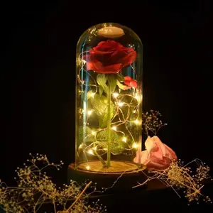 Preserved Rose Enchanted Rose Red Silk Rose in Glass Dome with LED Lights Pine Base, Romantic Home Decor Gifts for Mom Women Valentines Day Christmas Mothers Day Wedding Anniversary Birthday