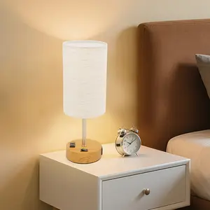 Dimmable desk lamp with USB charging port and AC power outlet, three-level switch control for bedside night light, wooden/metal base, modern desk lamp suitable for bedroom, living room, office, includes bulb (1/2 pack)