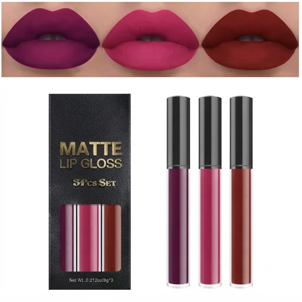 3Pcs Dark Red Purple Matte Liquid Lipstick Sets, Matte Lipstick Lip Stain Long Lasting 24 Waterproof Lip Gloss Gift Set Matt Lipsticks Set for Women Lippies (Set01)