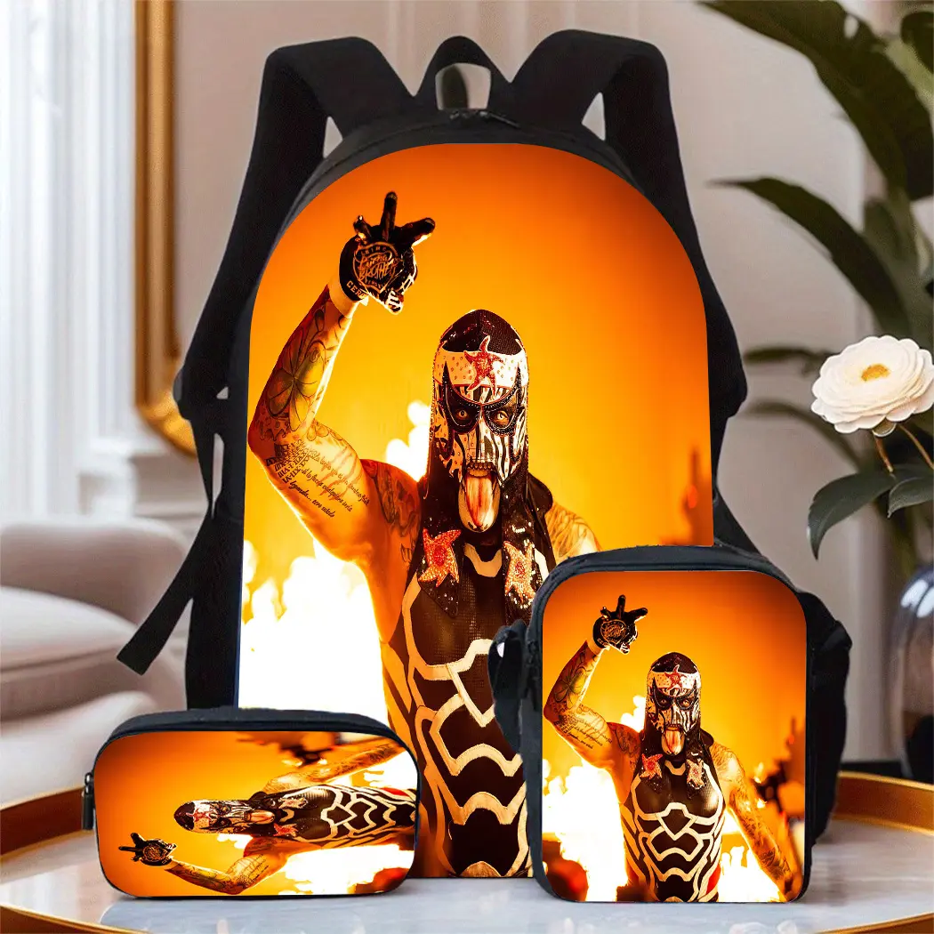 Kids Teens Large Capacity Backpack 3-Pc Set, Lucha Libre Wrestler Print 600D Polyester Oxford Cloth, 15in Laptop Fit, Lightweight, Adjustable Breathable Straps, Zip Closure, Top Handle, Insulated Lunch Bag, Pencil Case (Elementary School Back to School),