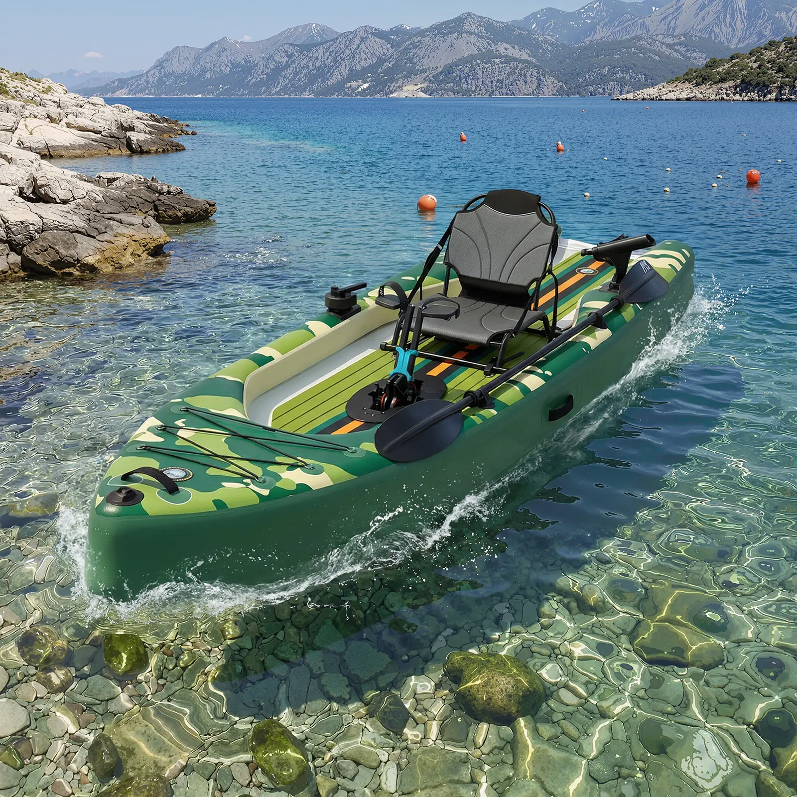 Bezliving Inflatable Kayak with Pedal System, 12ft PVC Premium Fishing Kayak, Portable & Lightweight with Aluminum Seat, Rudder System, and Accessories Included, Green & Camouflage (HIN Included)