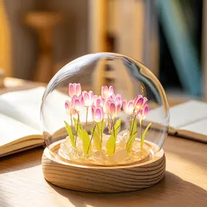 Handmade Tulip Night Light in Glass Dome, Purple Flower Bedside Lamp with Wooden Base, Eternal Tulip Mood Light for Bedroom Decor, Thinking of You Gift for Women, Mom, Girlfriend, Anniversary Birthday