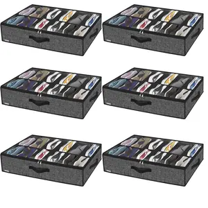 6 Pack Under Bed Storage Shoe Organizer for Wardrobe Under Bed Solution Shoe Container Bags with Sturdy Sidewalls and Reinforced Handles Breathable Linen-like Black