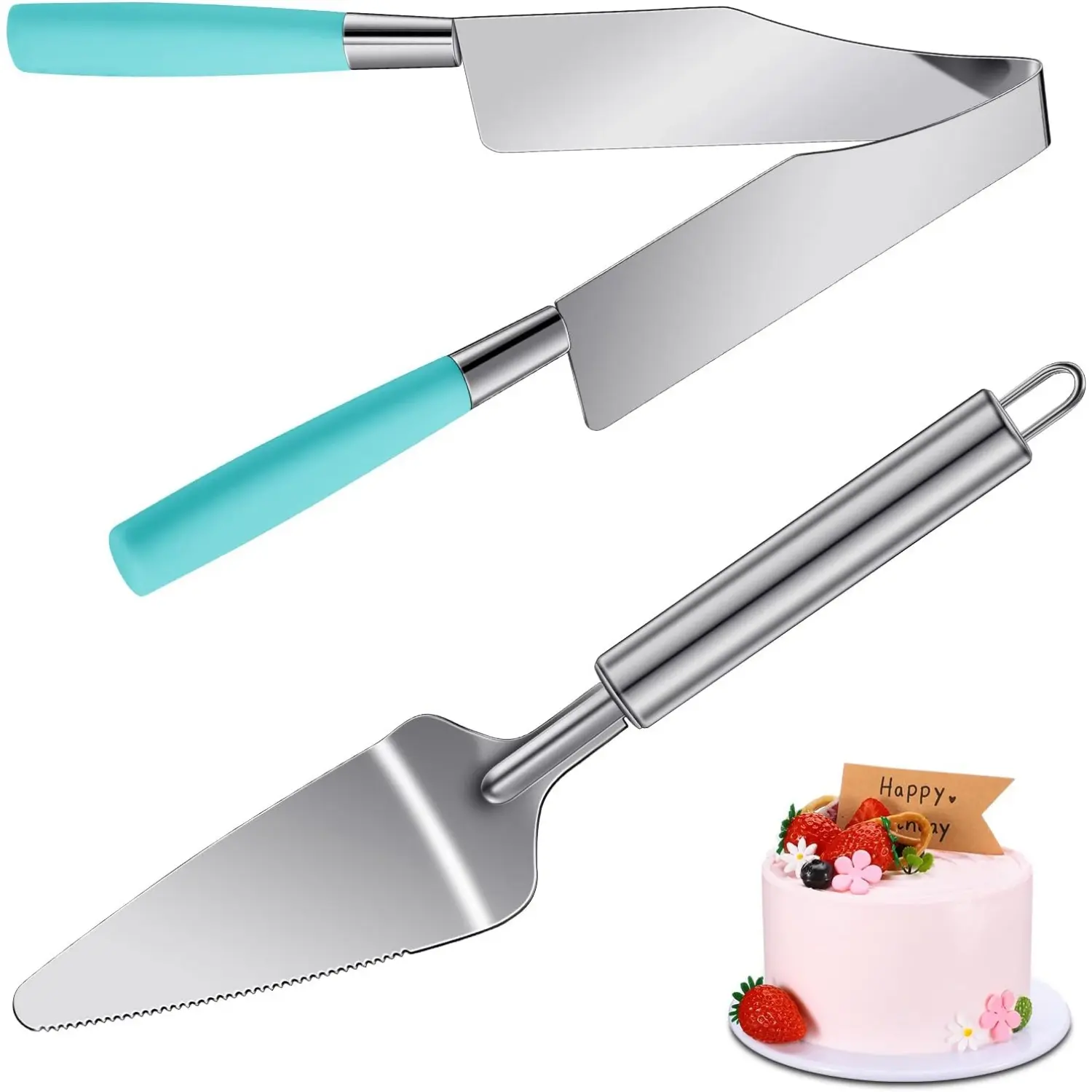 2 Pieces Cake Slicer Cutter Multi Function Stainless Steel Cake Spatula Server Set for Cakes Pie Desserts Pizza(Blue)