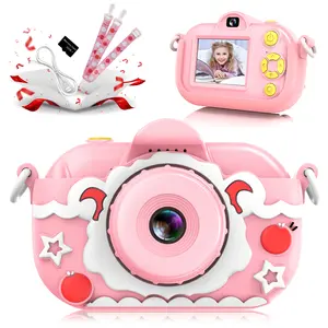 1080P HD Teenager Camera 32 Megapixel Photos Front & Rear Dual Lens Pink Cartoon Photo Frame 32GB SD Card Round Multifunction Birthday Gift