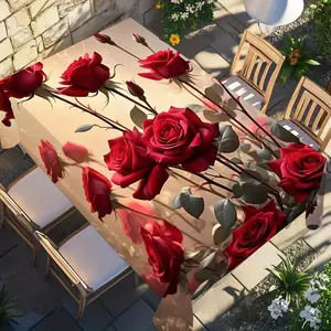 Rectangular Tablecloth with Vibrant Rose Design, Perfect for Indoor and Outdoor Use, Table Decor for Parties, Weddings, and Picnics, Washable Table Cover