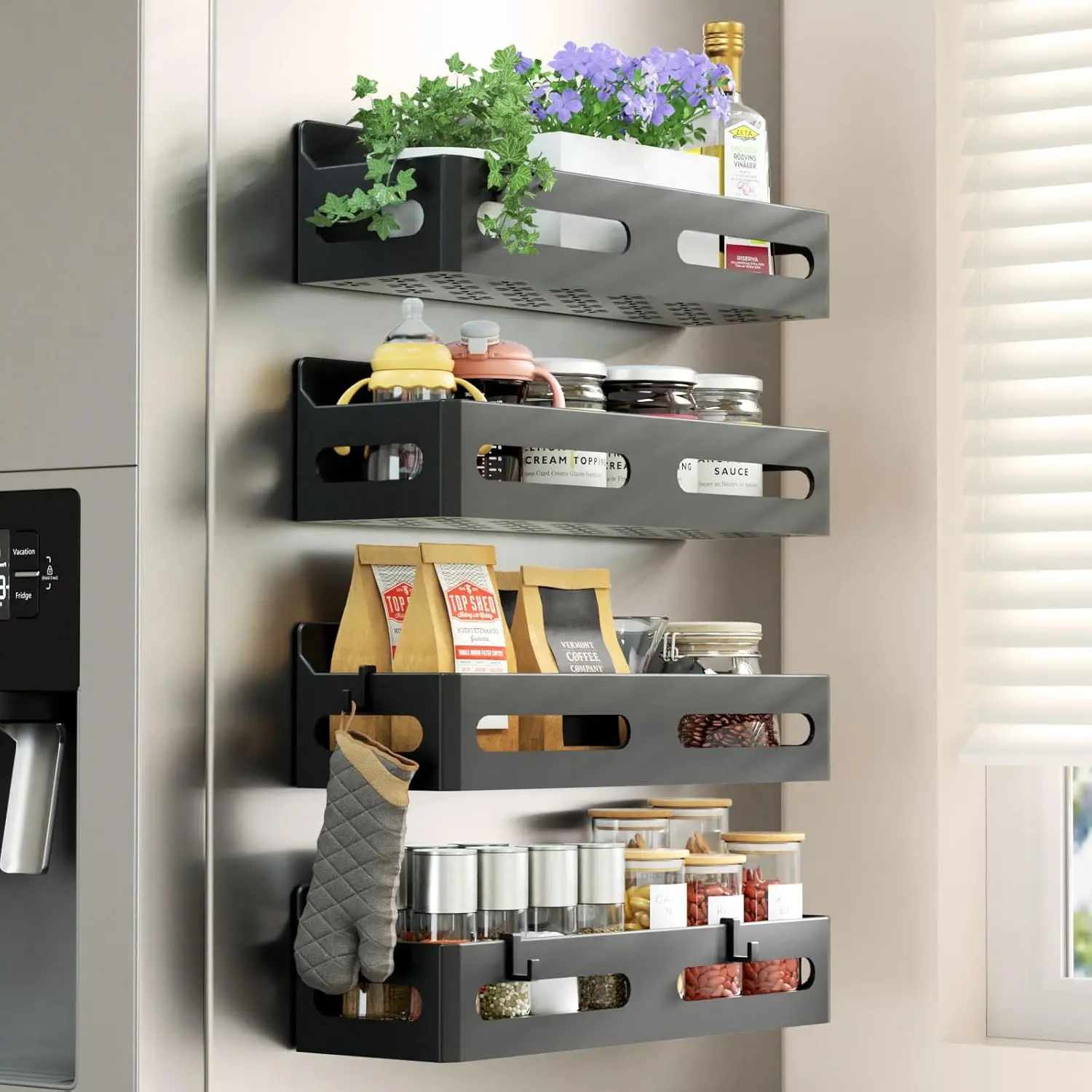 4 Pack Magnetic Spice Rack Organizer for Refrigerator, Multipurpose Fridge Storage Shelves with Hooks for Kitchen and Bathroom Organization - Black