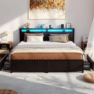 King Size Bed Frame with 4 Storage Drawers and Charging Station – Sturdy Platform Bed with Storage Headboard and LED Light, Easy Assembly, Black Oak unique  bedroom  furniture