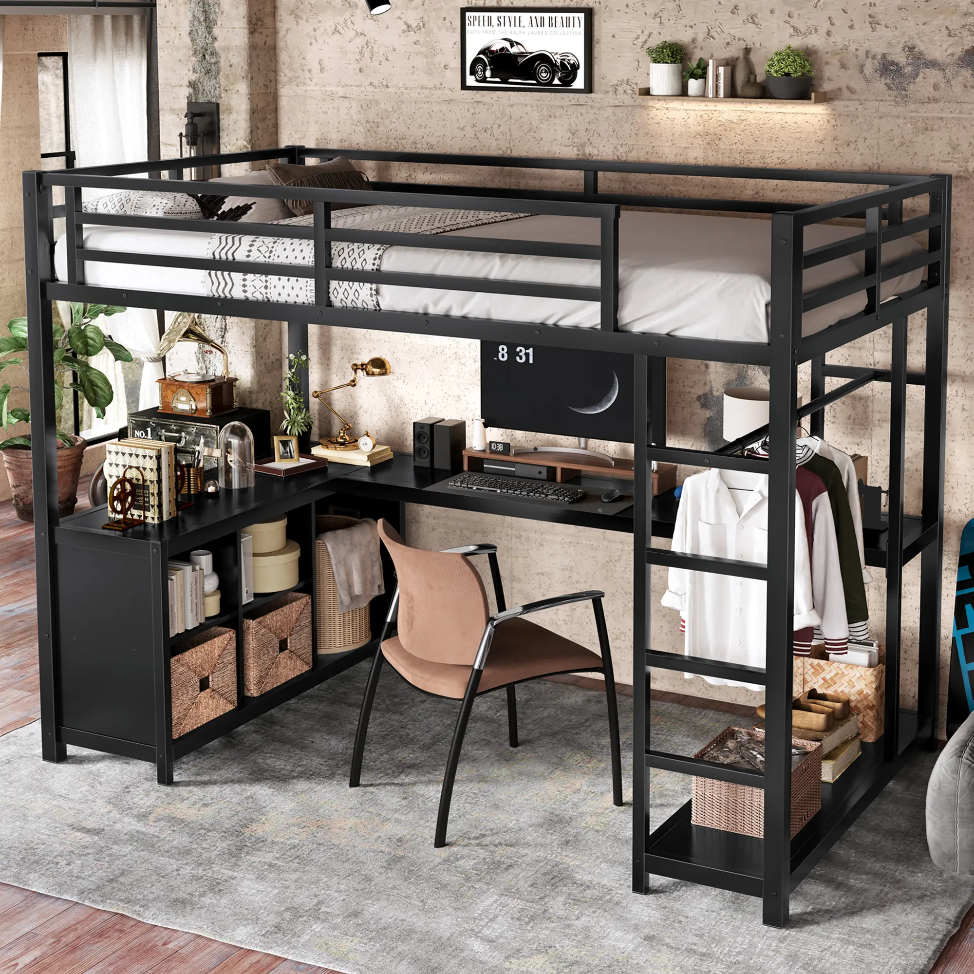 Eyisean Twin XL Metal Loft Sturdy Platform Bed Frame - with L Desk, Wardrobe, Storage Shelves, Modern Indoor Furniture for Adults to Maximize Floor Space via Raised Sleeping Area