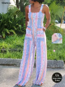 YEWEI INC Colorful Boho Wide-Leg Jumpsuit for Women - Casual Summer Sleeveless Romper with Square Neckline