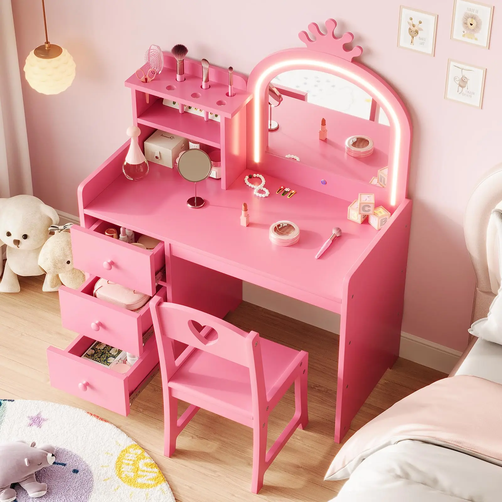 Garvee 2-in-1 Wooden Vanity Set with Lighted Mirror, 3 Drawers, Storage Shelves, Removable Tray, and Matching Chair - Ideal Princess-Themed Makeup and Dressing Table