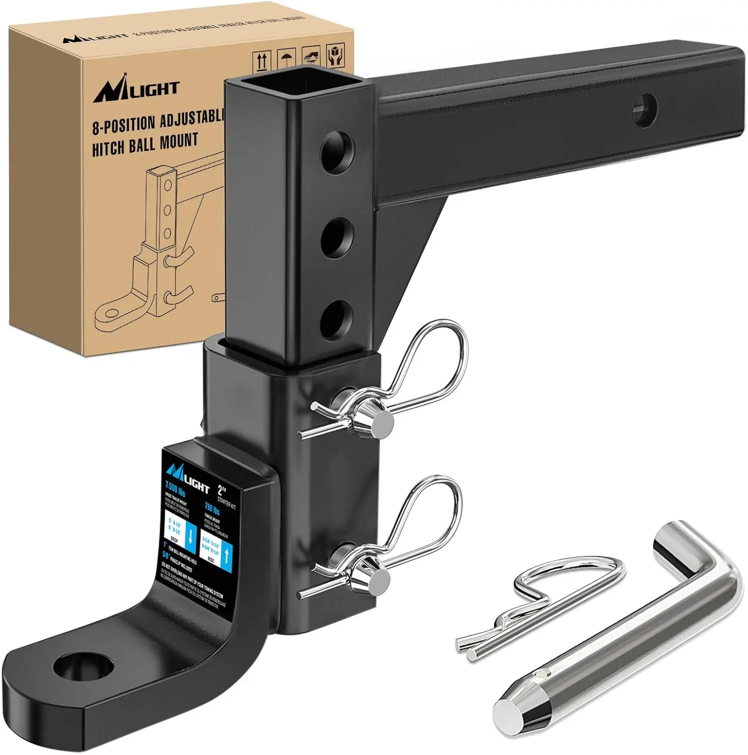 Nilight Mighty 8-Position Adjustable Trailer Hitch Ball Mount, E-Coat Pre-Coating, 7500 lbs Capacity, Fits 2 in Receiver with 5/8 in Pin & Clip Lock Pin, 9.5 in Drop, 8.25 in Rise, 1 in Hole for Cars, Towing Trailer, Hauling Motorcycles, Boats