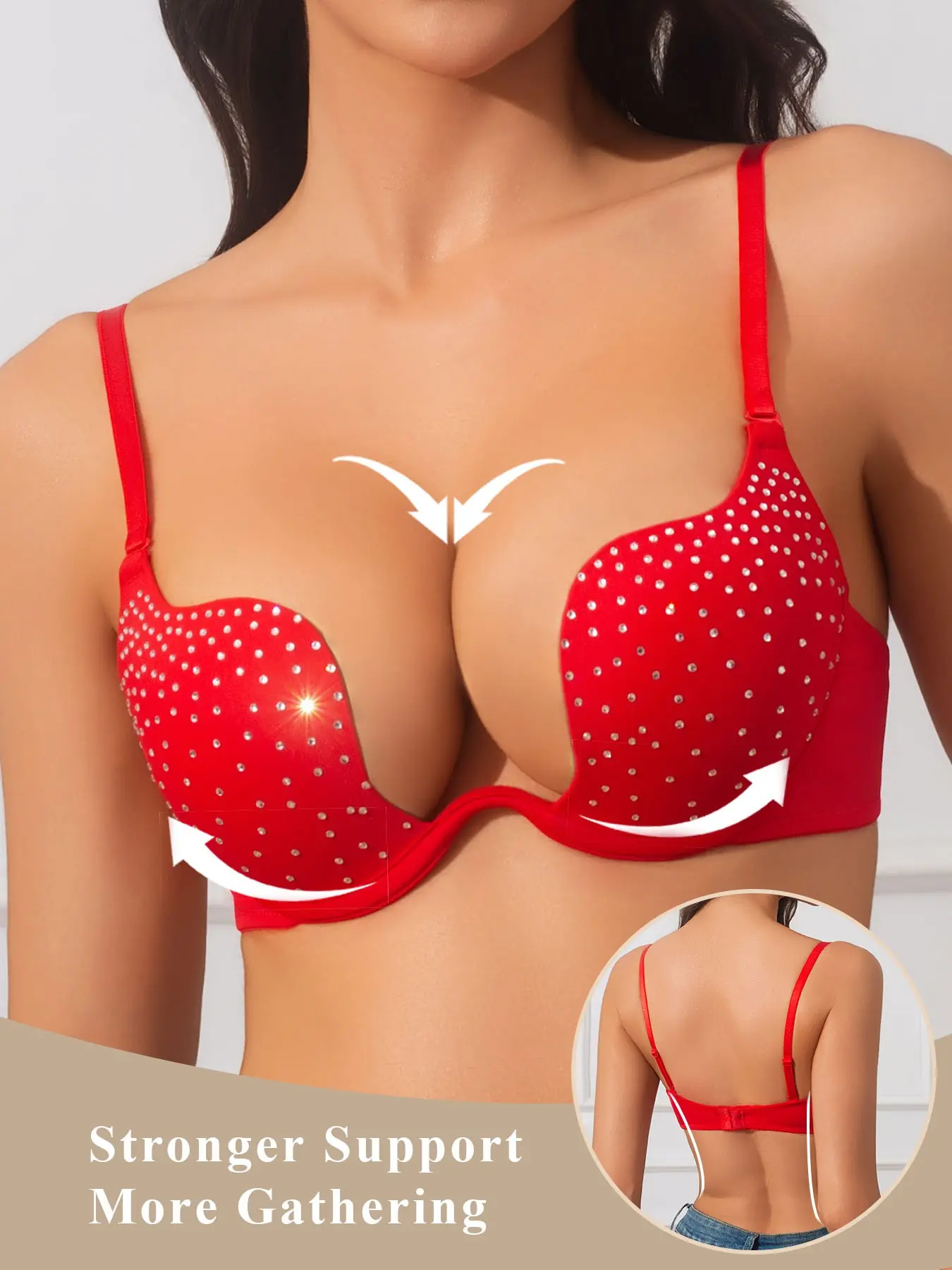 Sexy U-Shaped Cleavage Lifting Breast Enhancing Bra with Rhinestones, Luxurious Small Breast Underwire Push Up, Steel Ring Lift, Large Size Underwear for Women