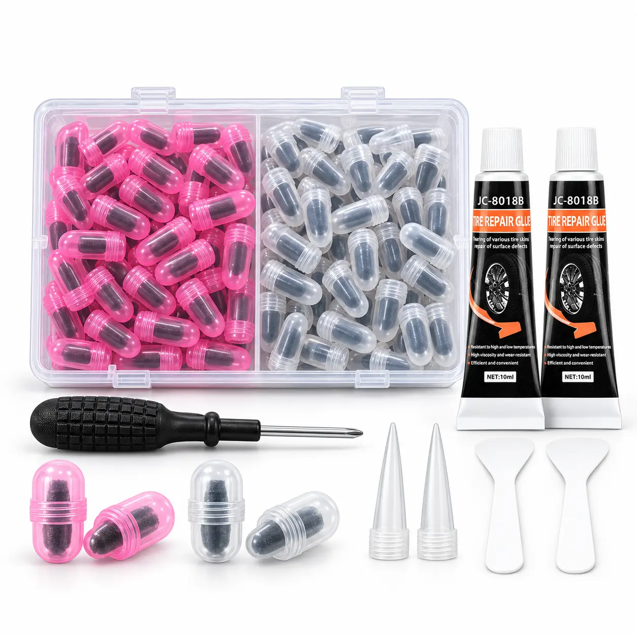 80PCS Tire Repair Rubber Nail Kit, 40 Small + 40 Large Spiral Screw-In Tire Plugs with 2 x 10ml Repair Glue, Screwdriver, Storage Box & Applicator Tools for Car SUV Truck Motorcycle Tubeless Tire Puncture Repair