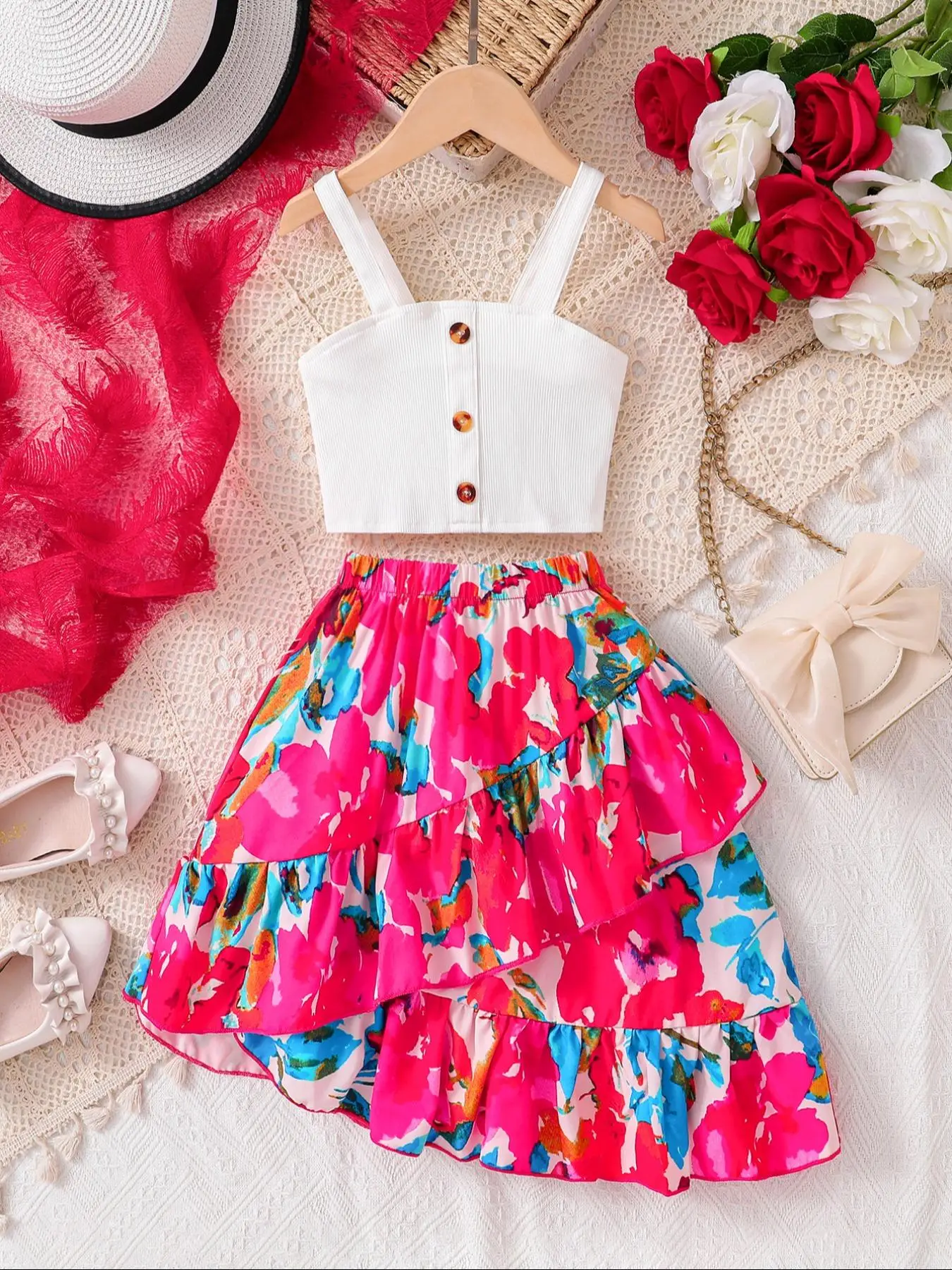 Girl's Crop Tank Top & Flower Print Skirt Two-piece Set, Casual Sleeveless Top & Elastic Waist Skirt for Daily Wear, Kids Summer Clothes