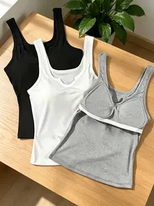 Women's Wireless Bra Padded Vest Set, V-Neck Sleeveless Top, Simple Style, Slim, Basic, No Underwear Needed, Daily Wear, Home, Light Activities