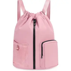 Drawstring Backpack Sports Gym Bag with Shoes Compartment, Water-Resistant String Beach Sackpack Swim Bag for Women and Men (Pink) |   Water-Resistant, Swim Bag