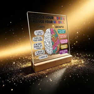 Inspirational Growth Mindset Acrylic Desktop Sign with Wooden Base, Home Decor Plaque, Room Accessories for Mental Health Awareness, Encouragement Gift for Adults