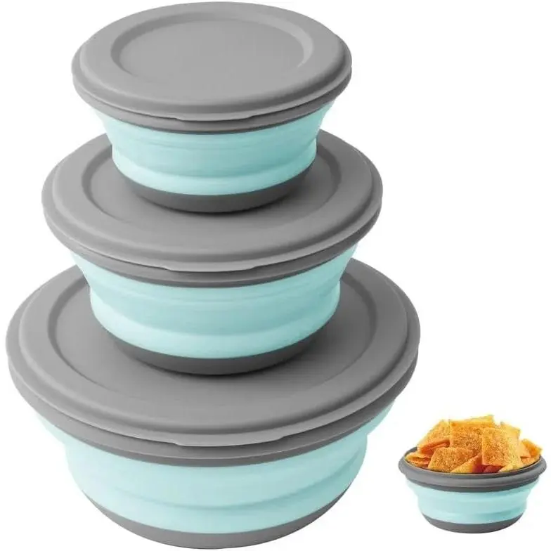 summerwins 3pcs Multi-Size Collapsible Silicone Bowls with Airtight Lids - Food Grade, Portable, Expandable Space Saver, Lightweight, Durable, Reusable, Easy-to-Clean Silicone Cups for Picnic Set, Traveling Camping Kitchenware Storage Containers
