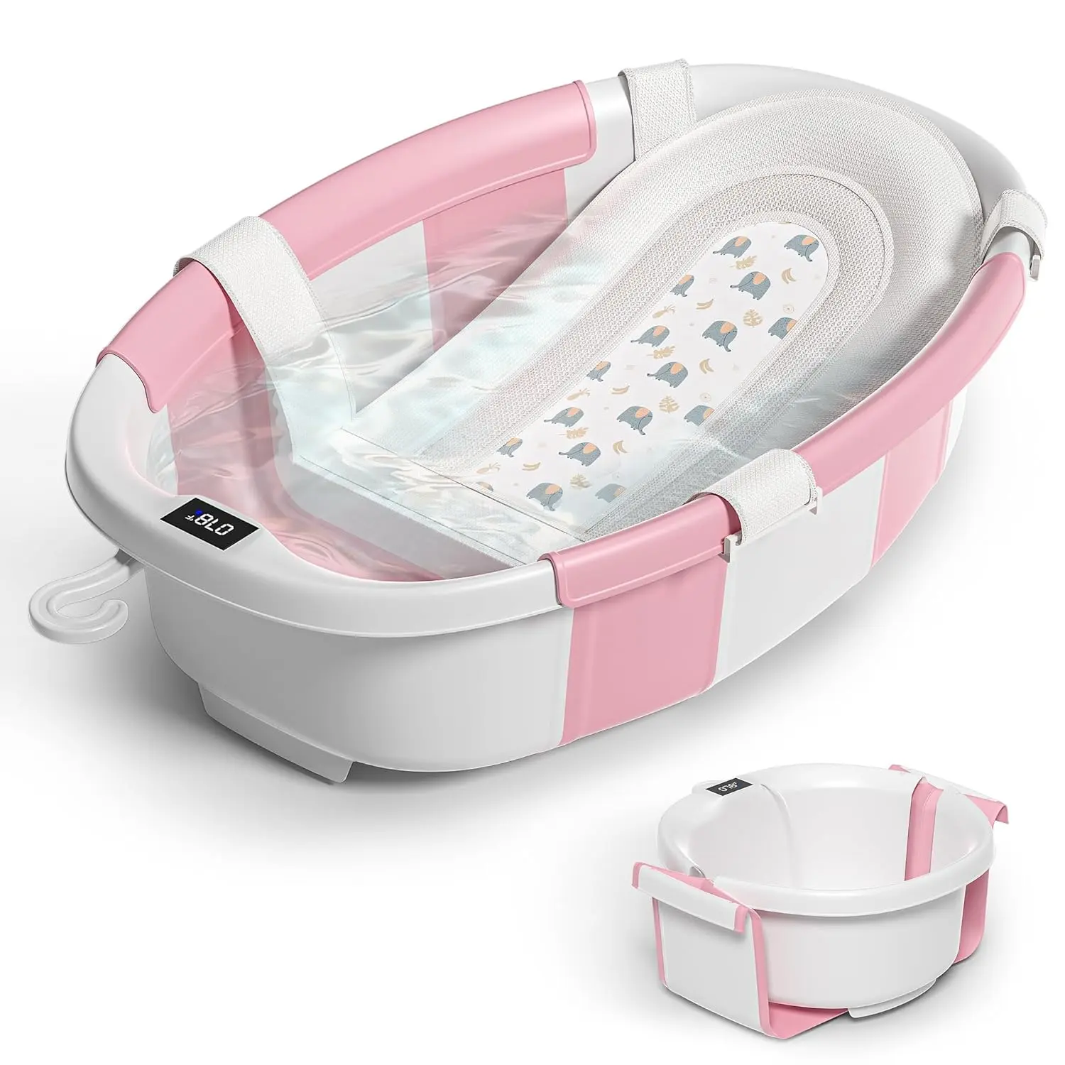 [Back To School] MOREFEEL Collapsible Baby Bathtub for Newborns & Toddlers with Built-in Temp. & Supportive Cushion, Portable Design with Storage Bag & Wall Hook, Pink Baby Shower Gift, Spacious Size, Pvc, Toddler Bathtub Seat, Newborn Baby Stuff