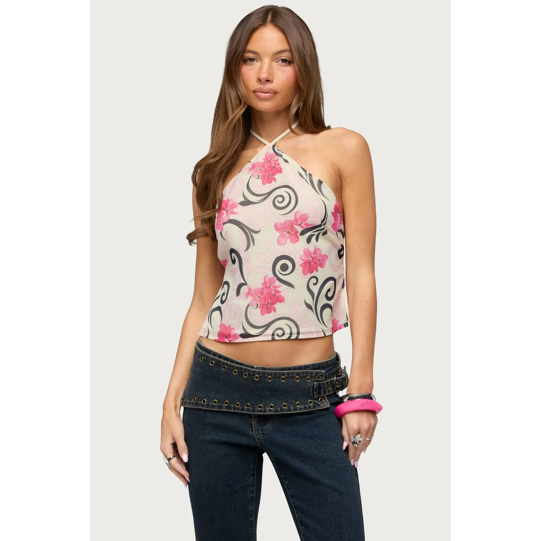 Floral Swirl Chiffon Backless Top