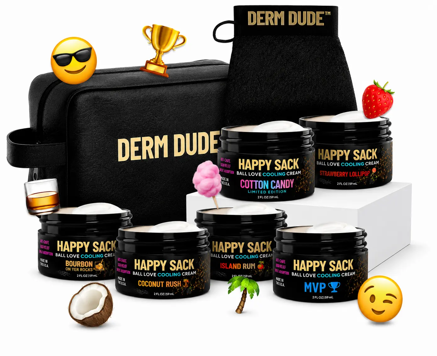 Men's Skincare 6-Pack Sack Set - Best Value Top Scents (New Cotton Candy, Strawberry Lollipop, MVP, Coconut Rush, Island Rum, Bourbon) + Free Leather Travel Bag + Free Sack Scrubber- Clinically Proven Odor Elimination with DeoPlex