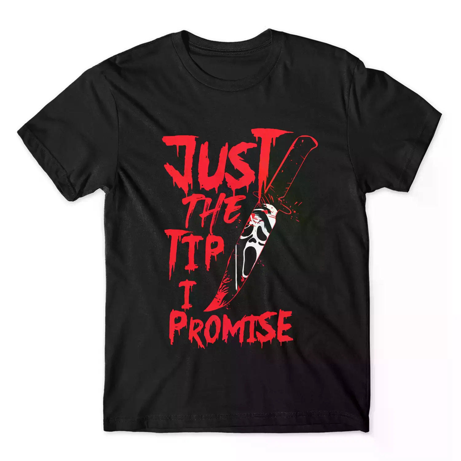 Ghostface Horror Graphic Tee (Viral) Just The Tip I Promise Shirt 180g 100% Cotton Scream Movie Inspired Knife Design Retro Horror Fan Merch Boxy Fit Streetwear Unisex Casual T-Shirt Soft Premium Cotton Gift for Horror Lovers Men Clothing Sale TikTok Shop