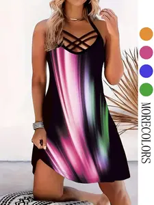 Plus Size Colorful Print Criss Cross Cami Dress, Fashion Spaghetti Strap Sleeveless Graphic Dress, Bohemian Casual Dress, Women Plus Size Clothing for Summer