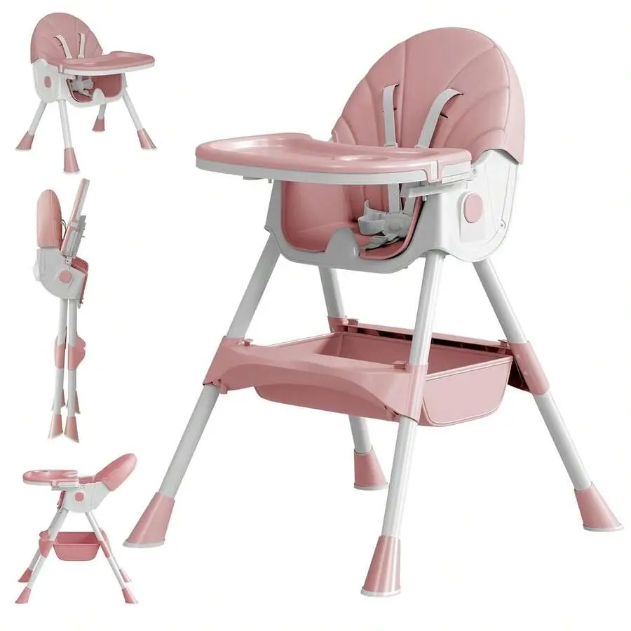 5-in-1 Convertible Baby High Chair - Foldable Adjustable-Height Booster Seat, PP Plastic, PU Leather Cushion, Safety Harness, Removable Tray, No-Wheel Sturdy Base, 6 Months-5 Years (9-12 Months Fit, 10 - 15 Kg Capacity), Pink/Beige/Green, Folding Chair