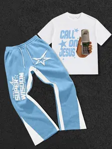The men's two-piece Casual set includes a T-shirt with stars, letters, and a graphic print, and a pair of Pants; a crew neck short-sleeved T-shirt and slim-fit trousers; knitted fabric; suitable for everyday wear and all seasons.