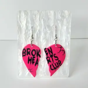 #549 Asymmetrical "Broken Hearts Club" Pink Heart Earrings- Stainless Steel Hooks- Casual Valentine Jewelry