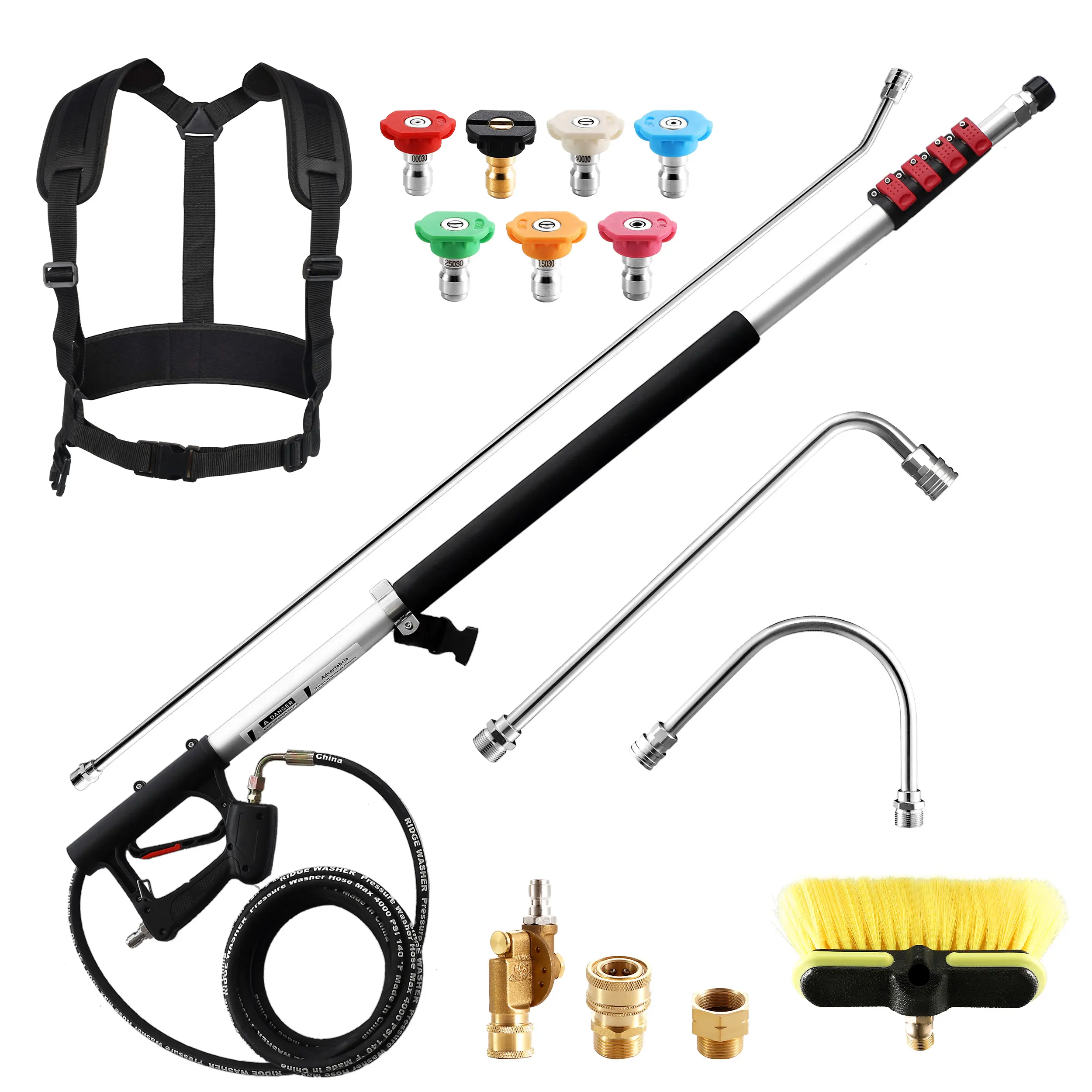 RIDGE WASHER 24 FT Telescoping Pressure Washer Wand, Power Washer Extension Wand with Brush, Telescopic Gutter Cleaner with 3 Stainless Steel Curve Wands, Adjustable Support Belt, 7 Nozzles, 4000 PSI, DealsForYouDays