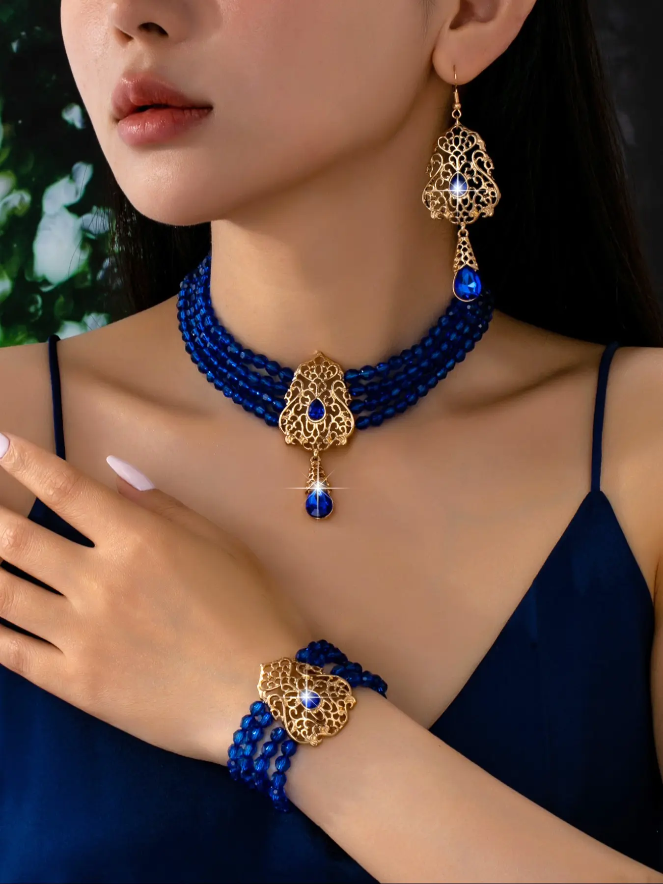 New French Luxury Crystal Sweet Multi-Layer Clavicle Necklace Bracelet Earrings Set, Trendy Fashion Jewelry Collection
