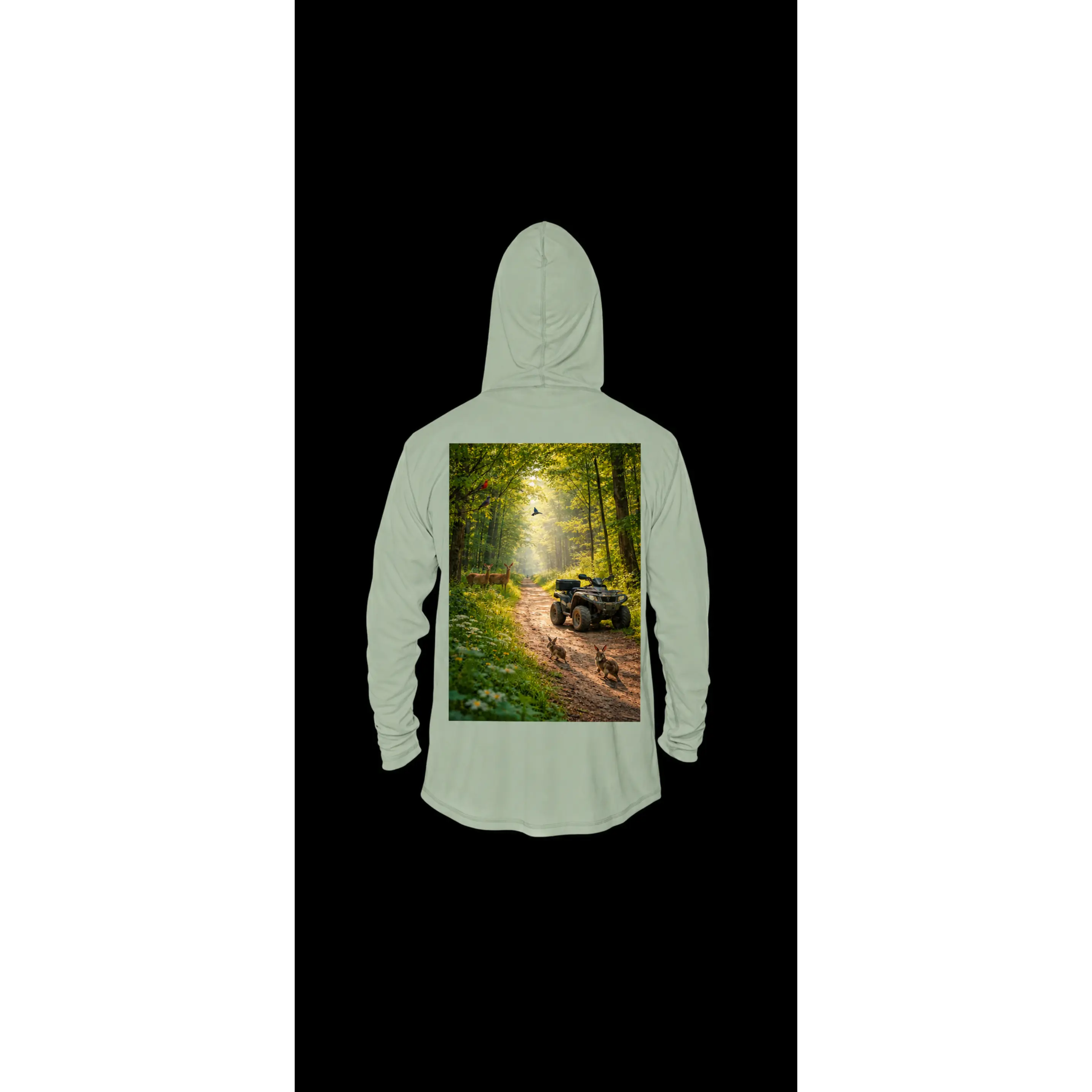 Men Woods Hoodie | I'm For The Woods | ATV Trail Forest Scene, Deer, Birds, Woods & Rabbits
