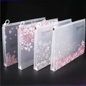 A4 Waterproof Cherry Blossom Zipper Bag, Transparent Pink, Office Travel Organizer