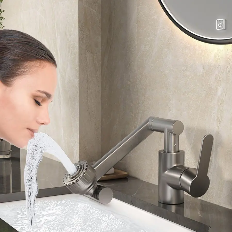 1080° Swivel Bathroom Vanity Faucet, Modern Bathroom Faucet, Height Adjustable Single Handle Single Hole Bathroom Sink Faucet with 2 Spout Patterns & 2 Hoses, Washbasin Swivel Faucet