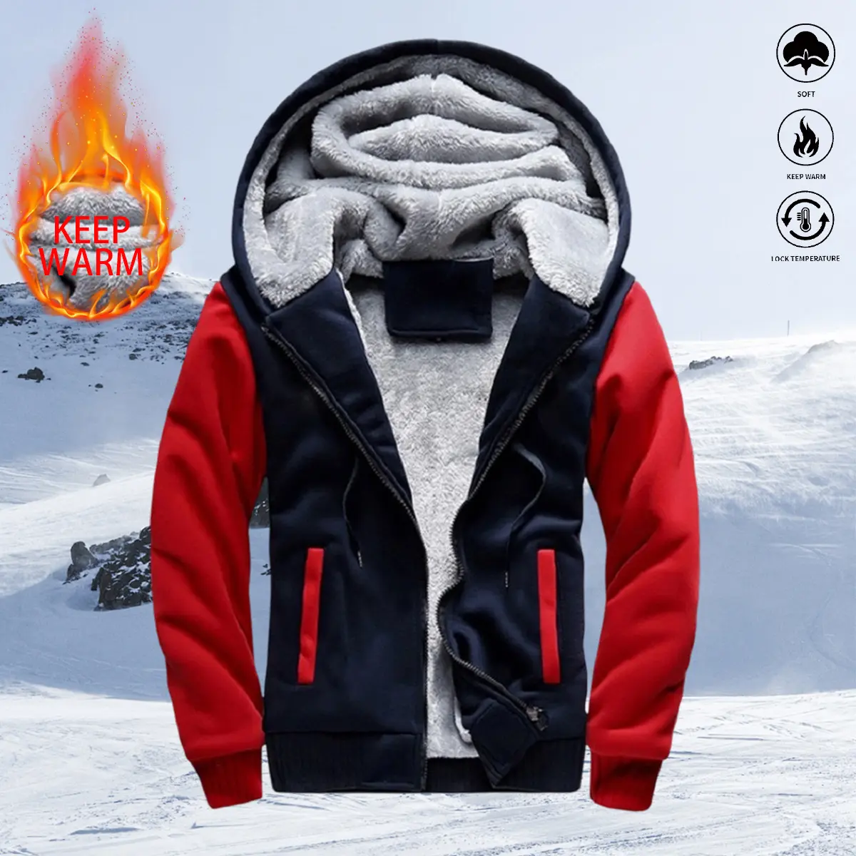 Men’s fleece-lined hooded sweatshirt jacket for autumn/winter; zip-up hoodie top; fleece-lined zip-up cardigan; men’s long-sleeve outerwear for winter; casual men’s jacket suitable for outdoor sports, daily commuting, running, fitness, and hiking/trekking